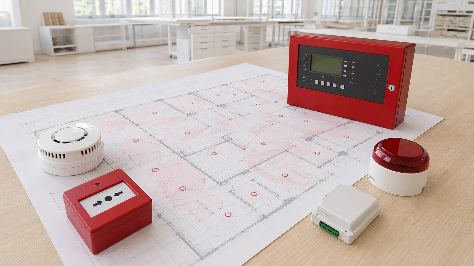 Yangın alarm proje planı, dedektör ve panel bileşenleri