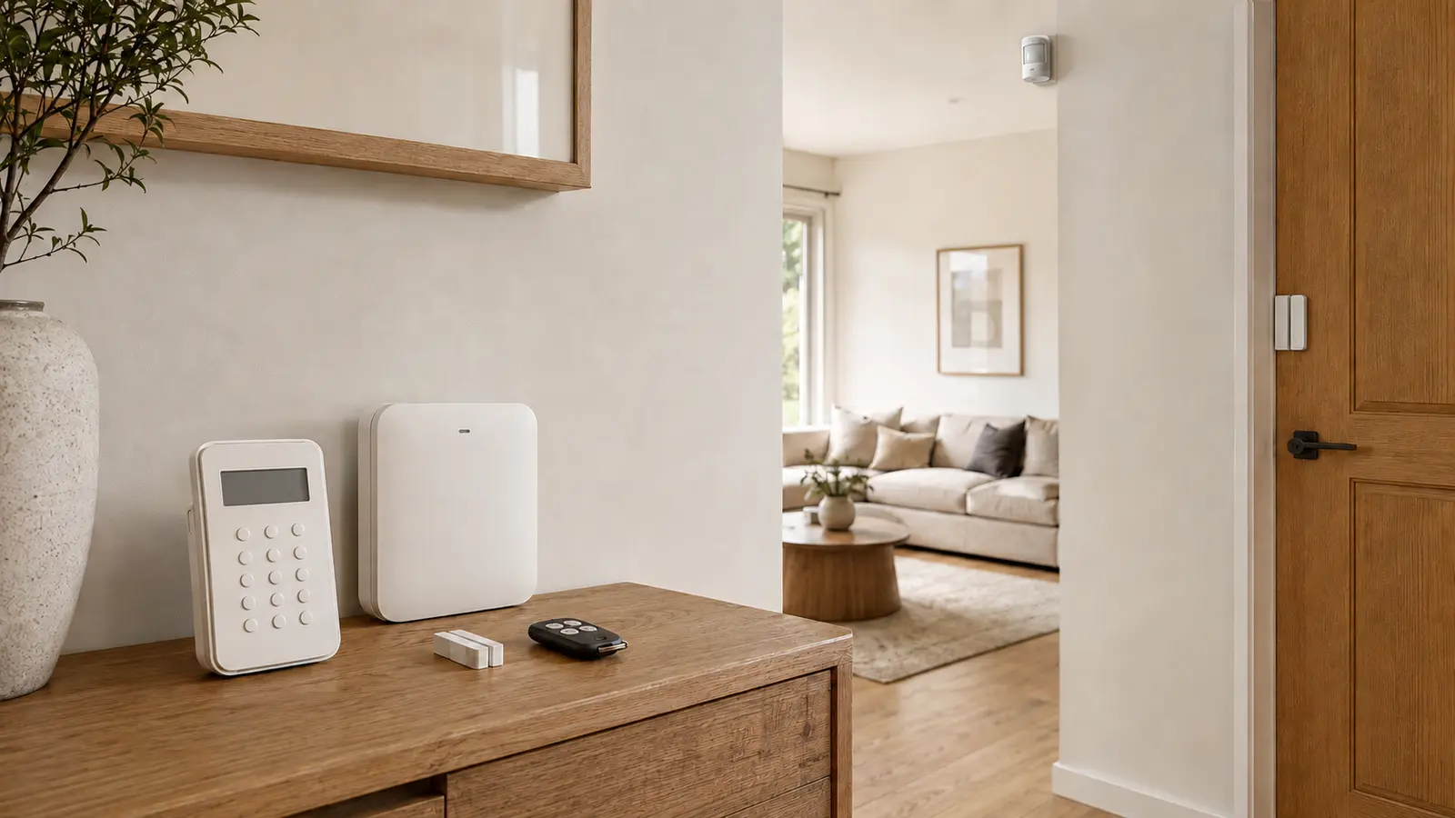 Modern konutta alarm tuş takımı, kontrol ünitesi ve kapı sensörü