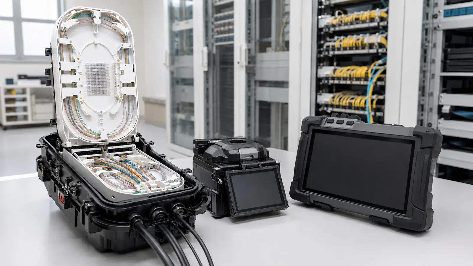 Veri merkezinde fiber ek kaseti, füzyon cihazı ve OTDR